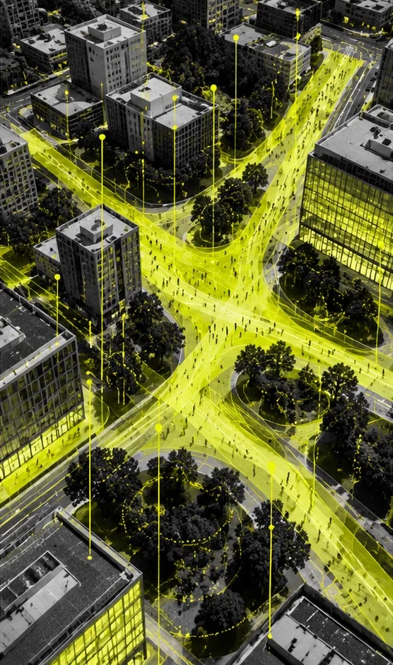 AG++ fluorescent-yellow architectural artwork for Urbanization, Sustainability and Society